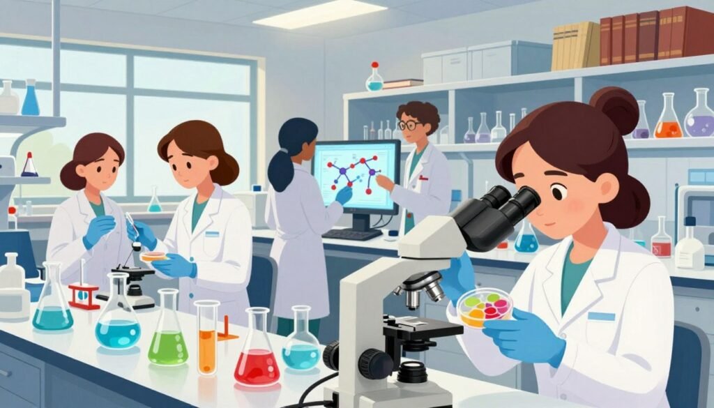A vibrant laboratory scene showcasing groundbreaking work in biochemistry, featuring diverse women scientists in professional lab attire, meticulously conducting experiments. In the foreground, one scientist examines a colorful petri dish under bright laboratory lights, her focused expression illuminated by a modern microscope. The middle ground reveals additional researchers discussing complex molecular structures displayed on a digital screen, surrounded by an array of colorful chemical compounds and lab equipment. The background is filled with neatly organized shelves of glassware and scientific journals, contributing to a rich, scholarly atmosphere. Bright, natural lighting filters through large windows, casting a warm glow. The overall mood is one of innovation and collaboration, emphasizing the importance of women in science. The brand name "Debsie" subtly integrated into the environment enhances the scene's professionalism.