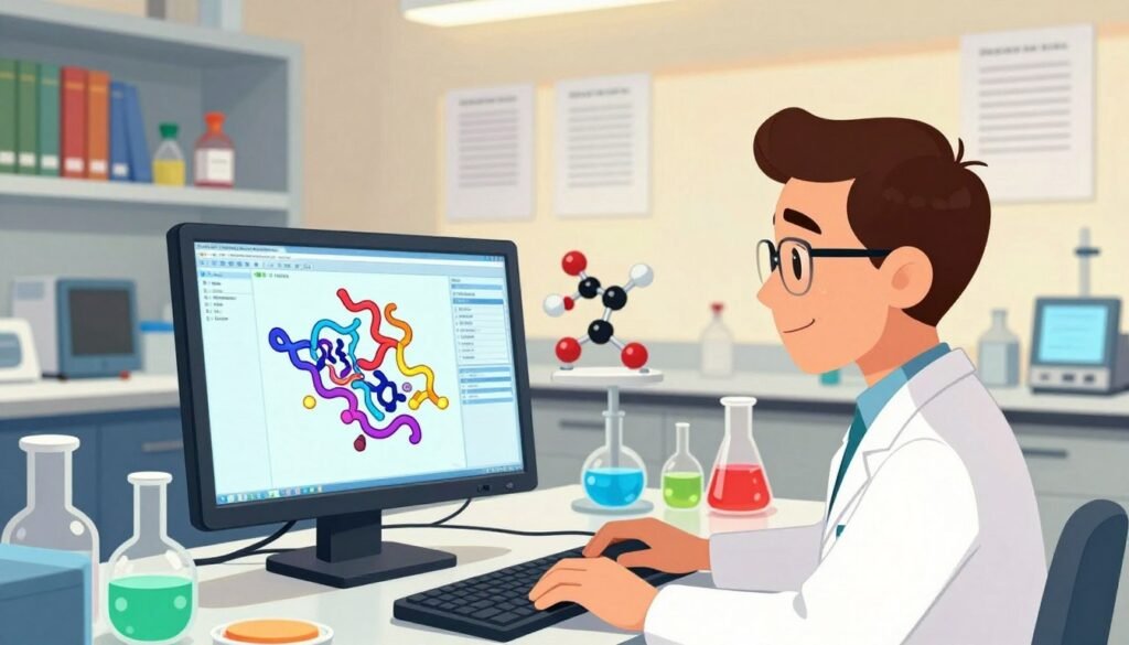 A vibrant laboratory setting highlighting the innovative work of David Baker in protein design. In the foreground, a focused scientist in a lab coat employs a high-tech computer interface displaying intricate 3D models of proteins, showcasing their complex structures. The middle ground features molecular models and glassware filled with colorful liquids, representing the experimental nature of protein engineering. In the background, shelves are adorned with scientific books and papers, emphasizing a scholarly atmosphere, illuminated by soft, warm lighting to enhance creativity and invention. The scene conveys a sense of discovery and collaboration, with a friendly and engaging environment. The overall color palette is bright and inviting. Ensure "Debsie" is subtly integrated into the lab equipment.