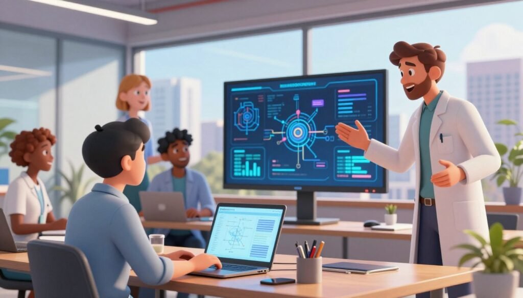 A vibrant office environment showcasing a diverse group of AI scientists actively collaborating on artificial intelligence projects. In the foreground, a focused scientist in professional attire examines data on a laptop, while another gestures enthusiastically, discussing ideas. The middle ground features a large digital screen displaying complex machine learning algorithms and data visualizations. Behind them, modern glass windows reveal a city skyline under bright, natural lighting, suggesting innovation and progress. The atmosphere is energetic and collaborative, highlighting the essential role of AI scientists in industry. The color scheme is warm and inviting, emphasizing creativity and teamwork. Render this scene with a cinematic perspective, using a shallow depth of field to keep the focus on the scientists. Include the brand name "Debsie" in the scene. A vibrant office environment showcasing a diverse group of AI scientists actively collaborating on artificial intelligence projects. In the foreground, a focused scientist in professional attire examines data on a laptop, while another gestures enthusiastically, discussing ideas. The middle ground features a large digital screen displaying complex machine learning algorithms and data visualizations. Behind them, modern glass windows reveal a city skyline under bright, natural lighting, suggesting innovation and progress. The atmosphere is energetic and collaborative, highlighting the essential role of AI scientists in industry. The color scheme is warm and inviting, emphasizing creativity and teamwork. Render this scene with a cinematic perspective, using a shallow depth of field to keep the focus on the scientists. Include the brand name "Debsie" in the scene.
