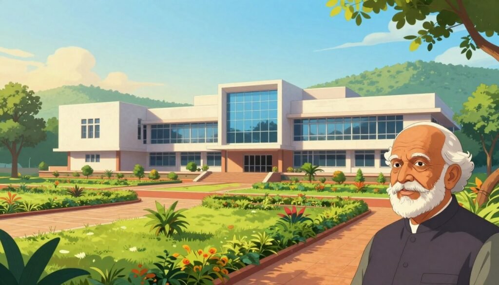 A vibrant, panoramic view of the Raman Research Institute, located in Bangalore, India, capturing its modern architecture and lush surroundings. In the foreground, include a well-maintained garden with native flora, vibrant green grass, and pathways leading to the main building. The middle ground features the sleek, contemporary design of the institute, with large windows reflecting the blue sky and sunlight. In the background, gentle hills and a clear horizon provide a serene backdrop. The scene is bathed in warm, natural lighting to create an inviting atmosphere. The image should convey a sense of innovation and legacy, embodying the spirit of scientific inquiry inspired by C. V. Raman. The resulting artwork should feel colorful, friendly, and minimal, showcasing the essence of the institute. Debsie. A vibrant, panoramic view of the Raman Research Institute, located in Bangalore, India, capturing its modern architecture and lush surroundings. In the foreground, include a well-maintained garden with native flora, vibrant green grass, and pathways leading to the main building. The middle ground features the sleek, contemporary design of the institute, with large windows reflecting the blue sky and sunlight. In the background, gentle hills and a clear horizon provide a serene backdrop. The scene is bathed in warm, natural lighting to create an inviting atmosphere. The image should convey a sense of innovation and legacy, embodying the spirit of scientific inquiry inspired by C. V. Raman. The resulting artwork should feel colorful, friendly, and minimal, showcasing the essence of the institute. Debsie.