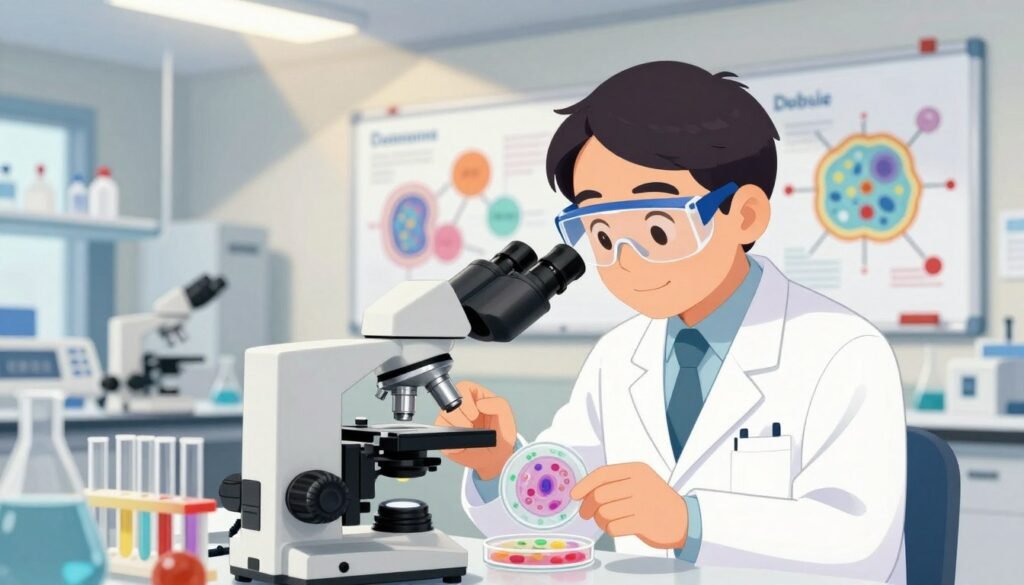 A vibrant, professional scene depicting a laboratory environment focused on autophagy research, inspired by Yoshinori Ohsumi’s work. In the foreground, a middle-aged Japanese scientist in a white lab coat, wearing safety goggles, meticulously examines a petri dish filled with cultured cells under a microscope. The middle ground features advanced laboratory equipment, including microscopes, test tubes, and biochemical models, reflecting a high-tech atmosphere. The background shows a large whiteboard with colored diagrams illustrating cellular processes, emphasizing the concept of autophagy. Soft, warm lighting streams from overhead fluorescents, creating a welcoming mood. Use a shallow depth of field to keep the scientist in sharp focus while softly blurring the background, producing a professional and enlightening ambiance. This image embodies the spirit of scientific discovery and innovation, branded with "Debsie" subtly displayed in the corner.