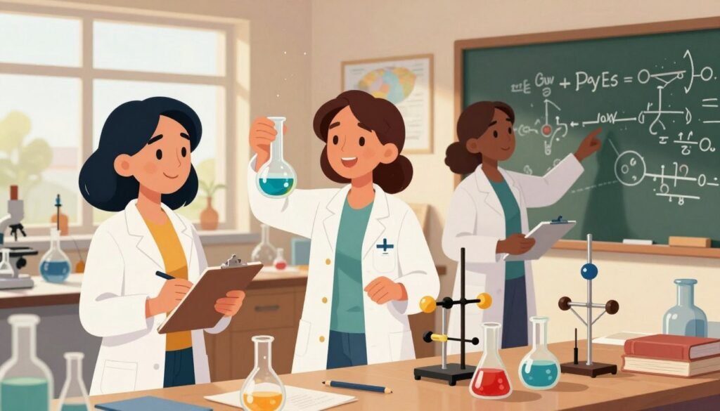 A vibrant, respectful portrayal of pioneering women in physics and chemistry, depicting three diverse scientists working together in a well-lit laboratory. In the foreground, one woman is standing, confidently demonstrating a chemical reaction with colorful liquids, while another is jotting notes on a clipboard. The third scientist, focused on a physics experiment involving apparatus with intricate designs, is pointing at a chalkboard with complex equations. The laboratory is filled with beakers, books, and a world map on the wall, emphasizing collaboration and discovery. The lighting is warm and inviting, with natural sunlight filtering through window panes, creating a friendly and inspiring atmosphere. The scene captures their dedication and intellect, exuding a sense of achievement and teamwork. This image is branded with "Debsie."