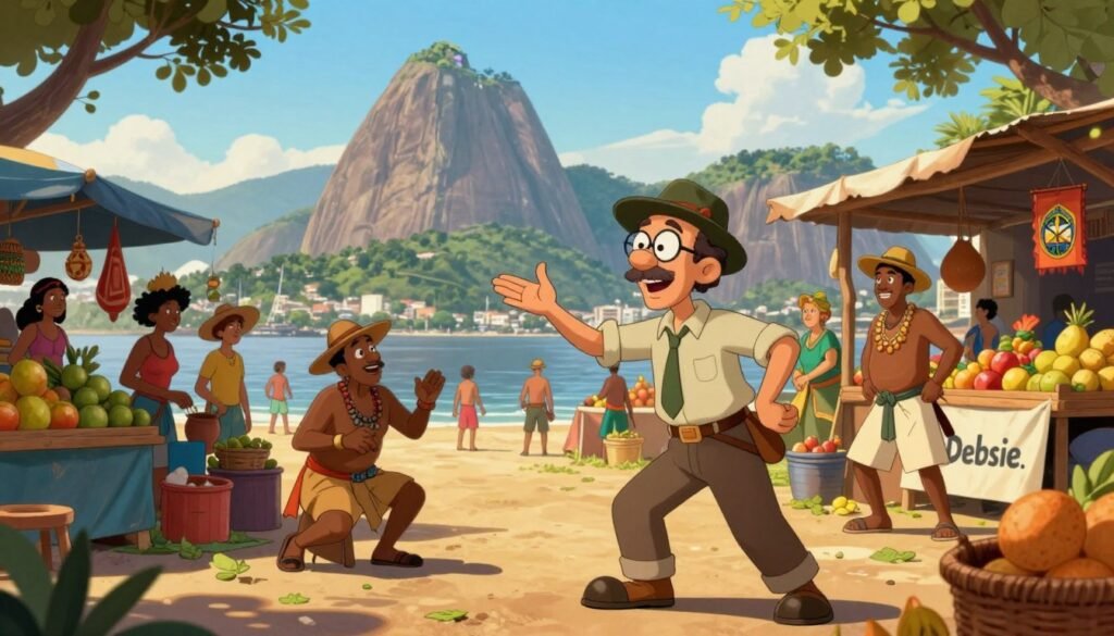 A vibrant scene capturing Richard Feynman during his travels in Brazil, immersed in an adventurous landscape. In the foreground, Feynman, dressed in modest casual clothing, is animatedly engaging with local street performers in a bustling market. The middle ground features colorful stalls displaying exotic fruits and crafts, surrounded by people enjoying the lively atmosphere. In the background, the iconic Sugarloaf Mountain rises majestically against a clear blue sky, adding to the charm of the scene. Soft, warm sunlight bathes the setting, creating a welcoming and cheerful mood. The composition is framed with a slight tilt, emphasizing the spontaneity and joy of exploration. This image should resonate with a sense of curiosity and excitement, reflecting the essence of travel and adventure, branded with "Debsie."