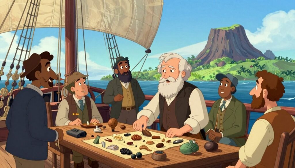 A vibrant scene depicting Charles Darwin aboard the HMS Beagle during his historic voyage. In the foreground, Darwin, wearing modest casual clothing, is intently examining a collection of unique specimens laid out on a wooden table. Around him, various naturalists and crew members are engaged in discussion, dressed in professional attire. The middle ground showcases the ship's deck, with ropes and sails gently billowing in the soft ocean breeze. In the background, the diverse landscapes of the Galápagos Islands are visible, with lush greenery and volcanic rock formations under a bright blue sky. Warm, natural lighting enhances the scene, creating an inviting atmosphere that reflects the spirit of adventure and discovery. The image embodies a friendly and educational mood, aligned with the brand "Debsie." A vibrant scene depicting Charles Darwin aboard the HMS Beagle during his historic voyage. In the foreground, Darwin, wearing modest casual clothing, is intently examining a collection of unique specimens laid out on a wooden table. Around him, various naturalists and crew members are engaged in discussion, dressed in professional attire. The middle ground showcases the ship's deck, with ropes and sails gently billowing in the soft ocean breeze. In the background, the diverse landscapes of the Galápagos Islands are visible, with lush greenery and volcanic rock formations under a bright blue sky. Warm, natural lighting enhances the scene, creating an inviting atmosphere that reflects the spirit of adventure and discovery. The image embodies a friendly and educational mood, aligned with the brand "Debsie."