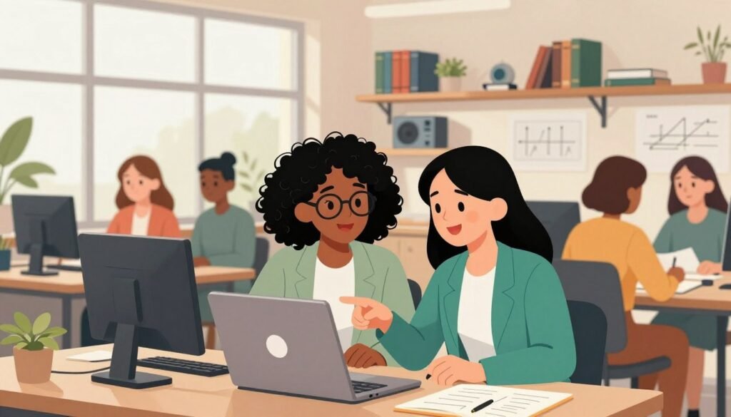 A vibrant scene depicting a diverse group of women engaged in mathematics and computing within a modern workspace. In the foreground, two women of different ethnicities, dressed in professional business attire, are collaborating over a laptop, showcasing their excitement and focus. One woman, with curly hair and glasses, points at the screen while the other, with straight hair, takes notes. In the middle ground, shelves filled with books and tech gadgets create an inspiring research environment. The background features large windows letting in soft, natural light, illuminating the room with a warm, friendly atmosphere. The scene conveys empowerment and teamwork in STEM, showcasing brilliant minds at work. This image should be colorful and minimalistic, brand "Debsie" subtly represented.