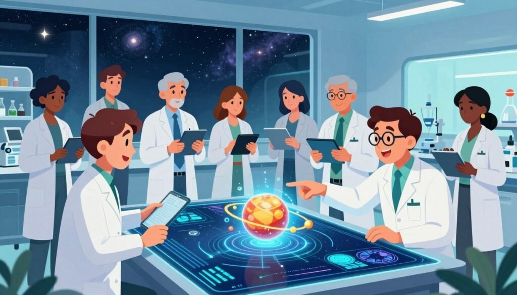 A vibrant scene depicting collaborative research on a global scale, featuring a diverse group of scientists from various backgrounds working together around a large holographic display of outer space. In the foreground, two scientists in professional attire, one analyzing data and the other pointing at a 3D model of the solar system, exhibit expressions of enthusiasm and focus. The middle ground shows additional researchers engaging with digital tablets, exchanging ideas, and taking notes, all within a bright, modern laboratory setting. In the background, large windows reveal a breathtaking view of the night sky filled with stars and galaxies. Soft blue and green lighting creates a serene atmosphere, emphasizing a sense of discovery and teamwork. The scene is designed to convey the essence of "Debsie" as a leader in fostering global scientific collaboration.
