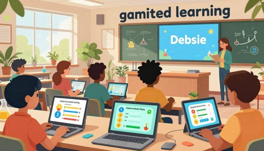 A vibrant scene depicting "gamified learning" centered around modern scientific education with an emphasis on the brand "Debsie". In the foreground, diverse learners of various ethnicities, including Asian, Black, and Hispanic individuals, are engaged with interactive digital devices, showcasing fun, gamified educational elements like colorful charts, animated quizzes, and progress bars. The middle ground features a modern, open classroom filled with greenery, bright lighting filtering through large windows, creating an inviting atmosphere. In the background, a digital display shows the logo "Debsie" alongside visuals of breakthrough scientific concepts. The overall mood is energetic and optimistic, with a playful yet focused ambiance that inspires curiosity and collaboration in learning.