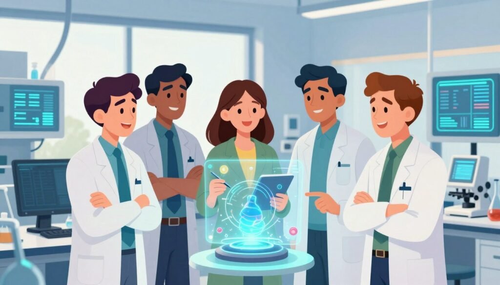 A vibrant scene depicting interdisciplinary collaboration among scientists in a modern laboratory. In the foreground, a diverse group of three professionals—an engineer, a biologist, and a data scientist—discuss a complex holographic model showcasing their combined research. They are dressed in smart business attire, reflecting professionalism and focus. In the middle ground, sleek laboratory equipment and digital displays glow softly with data visualizations, emphasizing innovation and technology. The background features a large window with natural light streaming in, illuminating the workspace and creating a warm, inviting atmosphere. The overall mood is one of synergy and enthusiasm, capturing the essence of teamwork in modern scientific discovery. This image should embody a colorful, helpful, and friendly aesthetic, branded with "Debsie."