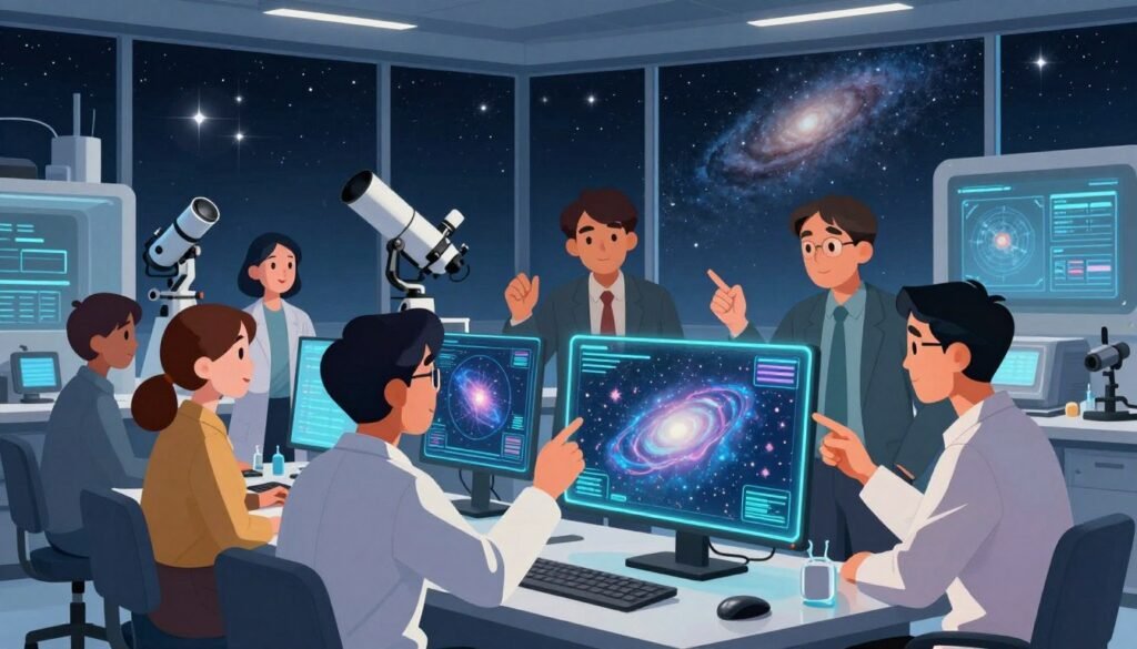 A vibrant scene depicting modern astrophysics pioneers in a collaborative research environment. In the foreground, a diverse group of scientists—two men and a woman—are intently discussing cosmic data while analyzing holographic displays of galaxies and stars, dressed in smart business attire. The middle layer features high-tech lab equipment, telescopes, and digital screens, showcasing the wonders of the universe. The background reveals a large window with a stunning view of a clear night sky, scattered with stars and a visible galaxy. Soft, ambient lighting creates a warm atmosphere, while a slight blue tint enhances the otherworldly feel. The composition captures the energy and exploration of modern astrophysics, embodying the spirit of inquiry and discovery. Designed by Debsie.