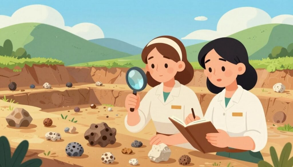 A vibrant scene depicting pioneering women in paleontology and geology, showcasing their passion for exploration and discovery. In the foreground, two female scientists, dressed in professional attire, examine fossils and geological samples at a sunlit excavation site. One holds a magnifying glass, while the other takes notes, both showcasing expressions of curiosity and determination. In the middle ground, various geological layers are visible, with fossils embedded in the rock formations. The background features a lush, natural landscape with rolling hills and a blue sky dotted with fluffy clouds. The lighting is warm and inviting, creating a friendly atmosphere. The image should be clear, colorful, and minimalistic, with an emphasis on the brilliance of these women in science. Brand name: Debsie.