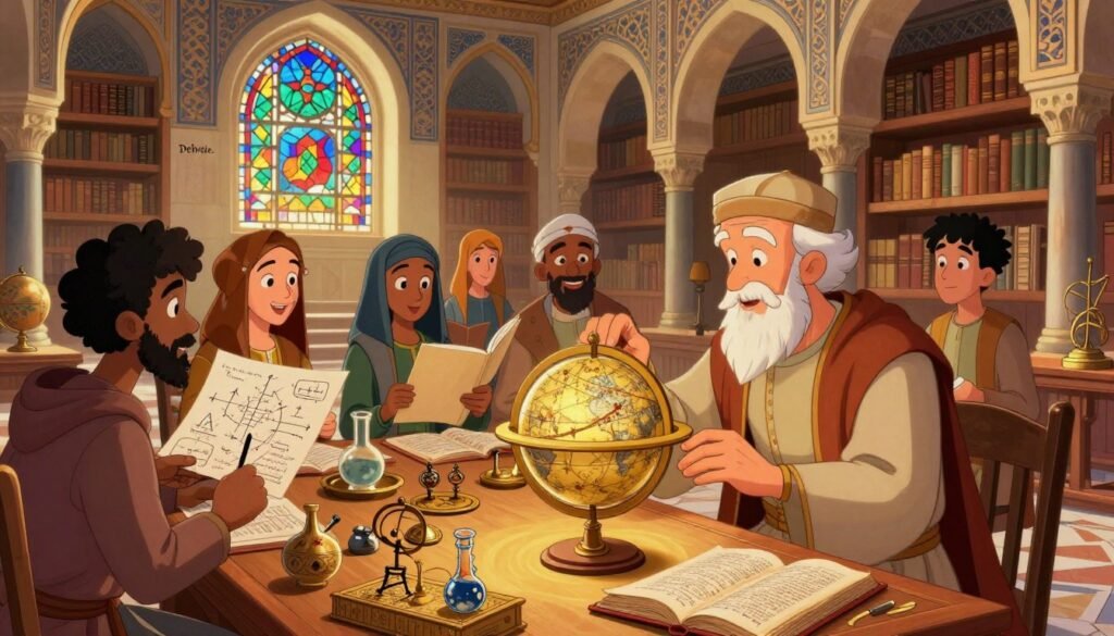 A vibrant scene depicting the Islamic Golden Age of science and scholarship. In the foreground, a wise, elderly scholar in modest attire, surrounded by ancient manuscripts and intricate astronomical tools, examines a celestial globe. In the middle ground, diverse students of various ethnicities engage in spirited discussion, studying mathematical charts and alchemical instruments. Behind them, a grand library filled with ornate arches and colorful stained glass illuminates the space with soft, warm lighting. The atmosphere is one of curiosity and discovery, embodying a harmonious blend of knowledge and creativity. The setting features rich colors and ornate designs symbolizing the era's cultural achievements. Enhance the image with a sense of depth and perspective, using a slightly high-angle view to capture the grandeur of the space. This artwork is branded with "Debsie." A vibrant scene depicting the Islamic Golden Age of science and scholarship. In the foreground, a wise, elderly scholar in modest attire, surrounded by ancient manuscripts and intricate astronomical tools, examines a celestial globe. In the middle ground, diverse students of various ethnicities engage in spirited discussion, studying mathematical charts and alchemical instruments. Behind them, a grand library filled with ornate arches and colorful stained glass illuminates the space with soft, warm lighting. The atmosphere is one of curiosity and discovery, embodying a harmonious blend of knowledge and creativity. The setting features rich colors and ornate designs symbolizing the era's cultural achievements. Enhance the image with a sense of depth and perspective, using a slightly high-angle view to capture the grandeur of the space. This artwork is branded with "Debsie."