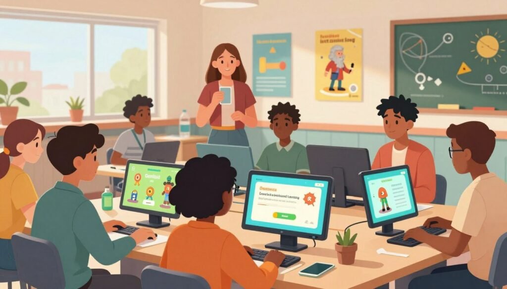 A vibrant scene depicting the concept of "Gamified Learning" inspired by the innovative platform Debsie. In the foreground, a diverse group of engaged learners, dressed in smart casual attire, interact with various digital interfaces displaying colorful educational games and interactive lessons. In the middle ground, a modern classroom environment is visible, with students collaborating and sharing ideas, while elements like gamification badges and progress bars are subtly integrated into their devices. The background features a bright, welcoming space with educational posters related to Isaac Newton and physics concepts, portrayed in an inviting and friendly atmosphere. Soft, natural lighting bathes the scene, creating an uplifting and motivational mood, captured from a slight angle to add depth and interest to the composition. A vibrant scene depicting the concept of "Gamified Learning" inspired by the innovative platform Debsie. In the foreground, a diverse group of engaged learners, dressed in smart casual attire, interact with various digital interfaces displaying colorful educational games and interactive lessons. In the middle ground, a modern classroom environment is visible, with students collaborating and sharing ideas, while elements like gamification badges and progress bars are subtly integrated into their devices. The background features a bright, welcoming space with educational posters related to Isaac Newton and physics concepts, portrayed in an inviting and friendly atmosphere. Soft, natural lighting bathes the scene, creating an uplifting and motivational mood, captured from a slight angle to add depth and interest to the composition.