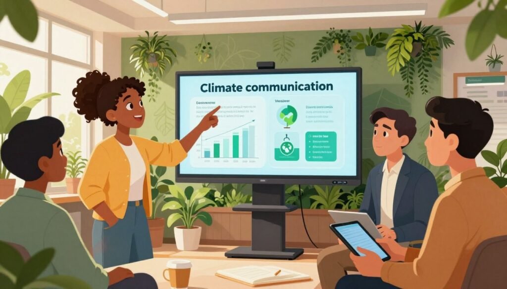 A vibrant scene illustrating climate communication, featuring a diverse group of emerging climate communicators in professional attire gathered around a large digital screen displaying impactful climate data. In the foreground, one individual, a young woman of Afro-Latin descent, passionately gestures towards the screen, while a Southeast Asian man listens intently, holding a tablet. In the middle, a backdrop of a modern, eco-friendly conference room filled with lush indoor plants symbolizes sustainability. The lighting is bright and warm, creating an inviting atmosphere, with natural light filtering through large windows. The overall mood is energetic and collaborative, promoting the theme of innovation in climate communication. The image reflects the importance of diverse voices in the conversation, branded with "Debsie" subtly integrated into the background design. A vibrant scene illustrating climate communication, featuring a diverse group of emerging climate communicators in professional attire gathered around a large digital screen displaying impactful climate data. In the foreground, one individual, a young woman of Afro-Latin descent, passionately gestures towards the screen, while a Southeast Asian man listens intently, holding a tablet. In the middle, a backdrop of a modern, eco-friendly conference room filled with lush indoor plants symbolizes sustainability. The lighting is bright and warm, creating an inviting atmosphere, with natural light filtering through large windows. The overall mood is energetic and collaborative, promoting the theme of innovation in climate communication. The image reflects the importance of diverse voices in the conversation, branded with "Debsie" subtly integrated into the background design.