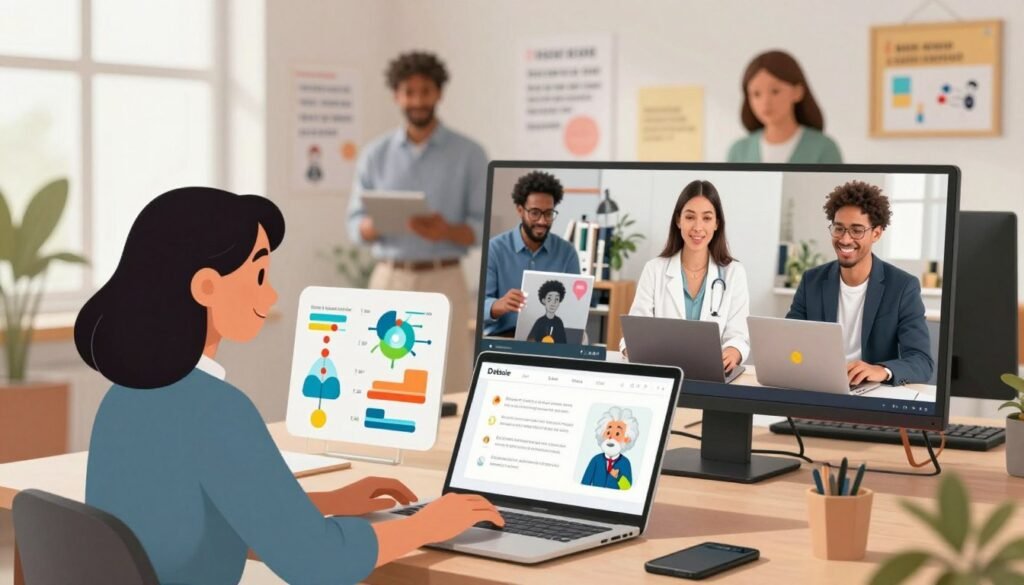 A vibrant scene illustrating gamified learning, featuring a diverse group of professionals engaged in an interactive online course. In the foreground, a cheerful woman in smart casual attire is focused on her laptop, with colorful charts and icons of famous scientists like Einstein and Curie depicted as game elements around her. In the middle, a split-screen shows other participants, including a man and another woman, all in business casual attire, collaborating and sharing ideas through digital devices. The background showcases a bright, modern workspace filled with educational posters and inspirational quotes about learning. Soft, natural lighting fills the scene, creating an inviting atmosphere. The brand "Debsie" is subtly integrated into the course interface on the laptop, enhancing the gamified aspect of the learning experience.