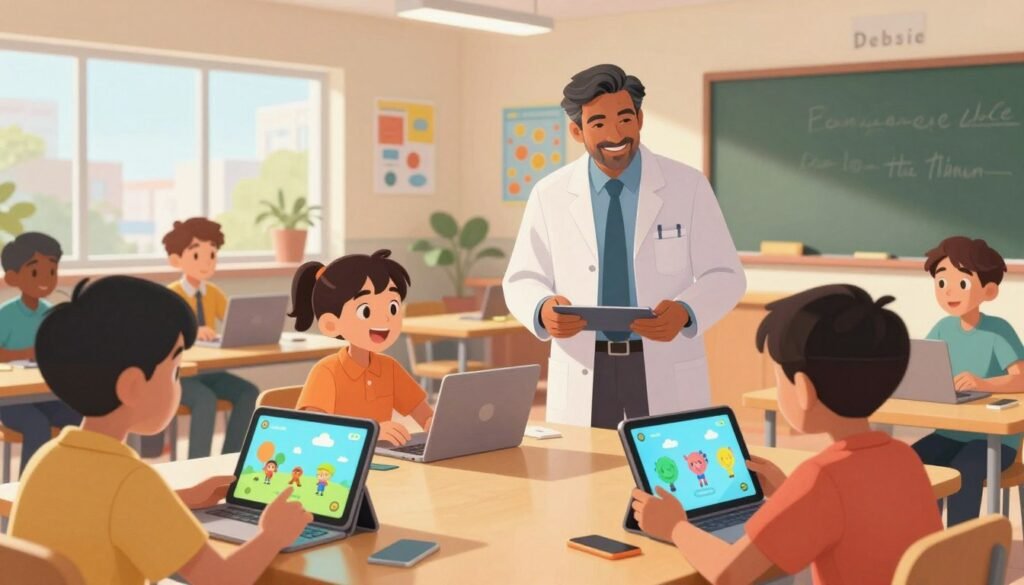 A vibrant scene illustrating gamified learning, set in a modern classroom. In the foreground, a diverse group of students engages with colorful educational games on tablets and laptops, displaying excitement and curiosity. The middle ground features a mentor, a middle-aged Indian scientist in professional attire, guiding students with a warm smile, showcasing the importance of mentorship. The background reveals a bright, open space with interactive learning posters and a chalkboard. Soft, ambient lighting creates a welcoming atmosphere, with natural light streaming through large windows. The overall mood is encouraging and innovative, reflecting the fusion of traditional education and interactive learning methods. The image embodies the essence of educational philosophy with a modern twist, aligned with the branding of "Debsie". A vibrant scene illustrating gamified learning, set in a modern classroom. In the foreground, a diverse group of students engages with colorful educational games on tablets and laptops, displaying excitement and curiosity. The middle ground features a mentor, a middle-aged Indian scientist in professional attire, guiding students with a warm smile, showcasing the importance of mentorship. The background reveals a bright, open space with interactive learning posters and a chalkboard. Soft, ambient lighting creates a welcoming atmosphere, with natural light streaming through large windows. The overall mood is encouraging and innovative, reflecting the fusion of traditional education and interactive learning methods. The image embodies the essence of educational philosophy with a modern twist, aligned with the branding of "Debsie".