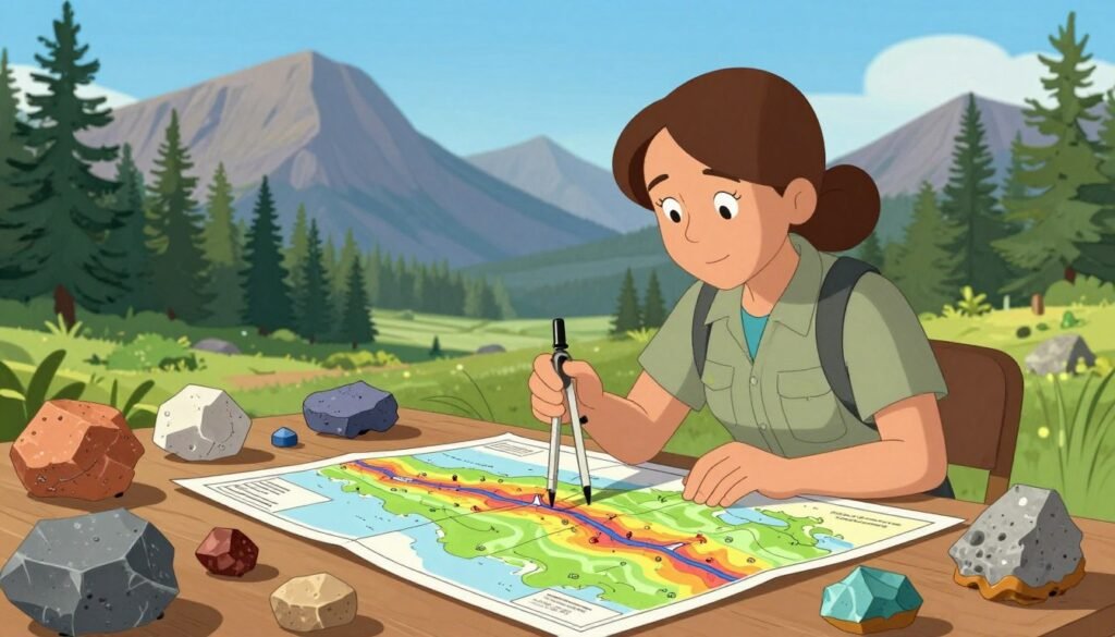 A vibrant scene of geological mapping in Canada, showcasing a female geologist, Dr. Alice Wilson, dressed in professional attire with a notebook and compass in hand, focused on a colorful geological map spread on a table. The foreground features rich textures of various rock samples and mineral specimens. In the middle ground, lush Canadian forests and rugged mountains serve as a backdrop, under a clear blue sky. The lighting is warm and inviting, suggesting a sunny day, with soft shadows adding depth. The atmosphere is one of discovery and scientific pursuit, conveying the spirit of exploration. The overall image is friendly, colorful, and minimal, encapsulating the essence of geological mapping for the article on Canadian scientists. Debsie.