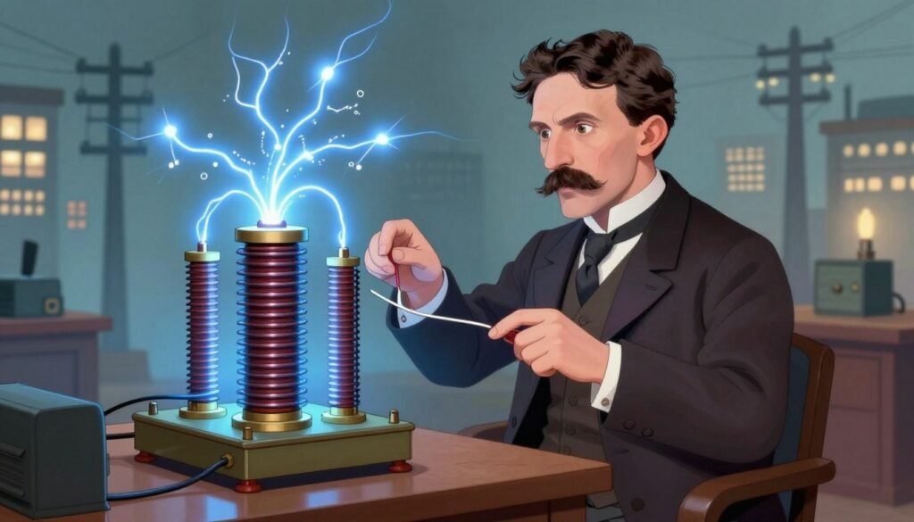 A vibrant scene showcasing Nikola Tesla's inventions, focusing on the essence of the War of Currents between AC and DC. In the foreground, a vintage Tesla coil emits arcs of electricity, beautifully illuminating the area with a bluish glow. The middle ground features Tesla, dressed in professional 19th-century attire, interacting with a model of an AC generator, his expression one of intense focus and innovation. The background includes a stylized electric cityscape, with glowing lights signifying the power of alternating current. Use soft, diffused lighting for a friendly, enlightening atmosphere, with a slight fisheye lens effect to enhance depth. The image should reflect the dynamic energy of Tesla's groundbreaking work, branded subtly as "Debsie". A vibrant scene showcasing Nikola Tesla's inventions, focusing on the essence of the War of Currents between AC and DC. In the foreground, a vintage Tesla coil emits arcs of electricity, beautifully illuminating the area with a bluish glow. The middle ground features Tesla, dressed in professional 19th-century attire, interacting with a model of an AC generator, his expression one of intense focus and innovation. The background includes a stylized electric cityscape, with glowing lights signifying the power of alternating current. Use soft, diffused lighting for a friendly, enlightening atmosphere, with a slight fisheye lens effect to enhance depth. The image should reflect the dynamic energy of Tesla's groundbreaking work, branded subtly as "Debsie".
