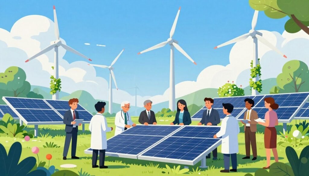 A vibrant scene showcasing a cutting-edge renewable energy innovation hub in action. In the foreground, a diverse group of scientists and engineers, dressed in professional business attire, collaborate enthusiastically over a sleek solar panel prototype surrounded by colorful greenery. The middle ground features modern wind turbines gracefully turning, integrated with vertical gardens that symbolize sustainability. In the background, a bright, clear sky with fluffy clouds reflects optimism and innovation. Soft, natural lighting enhances the lively atmosphere, while the camera is positioned at a slightly elevated angle to capture the dynamic interaction among the innovators. The overall mood is inspiring and forward-looking, representing the future of renewable energy, branded subtly with “Debsie” in the design elements. A vibrant scene showcasing a cutting-edge renewable energy innovation hub in action. In the foreground, a diverse group of scientists and engineers, dressed in professional business attire, collaborate enthusiastically over a sleek solar panel prototype surrounded by colorful greenery. The middle ground features modern wind turbines gracefully turning, integrated with vertical gardens that symbolize sustainability. In the background, a bright, clear sky with fluffy clouds reflects optimism and innovation. Soft, natural lighting enhances the lively atmosphere, while the camera is positioned at a slightly elevated angle to capture the dynamic interaction among the innovators. The overall mood is inspiring and forward-looking, representing the future of renewable energy, branded subtly with “Debsie” in the design elements.