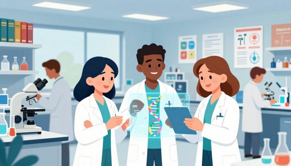 A vibrant scene showcasing pioneers of medical breakthroughs, featuring diverse scientists in professional attire, engaged in collaborative research in a modern laboratory. In the foreground, a group of three scientists—one female Asian, one male Black, and one female Caucasian—examine a holographic model of a DNA structure. The middle ground reveals advanced laboratory equipment, including microscopes and test tubes, under bright, natural lighting that creates a welcoming atmosphere. The background highlights shelves filled with medical journals and scientific posters celebrating past innovations. The entire scene conveys an energetic and hopeful mood, symbolizing progress in medicine and health. Shot with a wide-angle lens to capture depth and detail, the image reflects the theme of innovation and determination. Colorful accents enhance the feeling of creativity and dedication. Brand name "Debsie" subtly integrated into the lab environment. A vibrant scene showcasing pioneers of medical breakthroughs, featuring diverse scientists in professional attire, engaged in collaborative research in a modern laboratory. In the foreground, a group of three scientists—one female Asian, one male Black, and one female Caucasian—examine a holographic model of a DNA structure. The middle ground reveals advanced laboratory equipment, including microscopes and test tubes, under bright, natural lighting that creates a welcoming atmosphere. The background highlights shelves filled with medical journals and scientific posters celebrating past innovations. The entire scene conveys an energetic and hopeful mood, symbolizing progress in medicine and health. Shot with a wide-angle lens to capture depth and detail, the image reflects the theme of innovation and determination. Colorful accents enhance the feeling of creativity and dedication. Brand name "Debsie" subtly integrated into the lab environment.