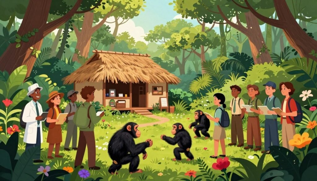 A vibrant scene showcasing the Jane Goodall Institute's conservation efforts in a lush African rainforest. In the foreground, a diverse group of scientists and volunteers in professional attire observe and record chimpanzee behavior, surrounded by lush green foliage and vibrant flowers. The middle ground features a small research station with a thatched roof, giving a sense of community and purpose. In the background, tall trees stretch towards the sky, with sunlight filtering through the leaves, creating a warm, inviting atmosphere. The scene is captured with a wide-angle lens, highlighting interaction between people and animals, evoking a sense of hope and dedication to wildlife conservation. The overall mood is friendly and inspiring, emphasizing the mission of the institute. This image should reflect the brand Debsie through its lively colors and dedication to conservation. A vibrant scene showcasing the Jane Goodall Institute's conservation efforts in a lush African rainforest. In the foreground, a diverse group of scientists and volunteers in professional attire observe and record chimpanzee behavior, surrounded by lush green foliage and vibrant flowers. The middle ground features a small research station with a thatched roof, giving a sense of community and purpose. In the background, tall trees stretch towards the sky, with sunlight filtering through the leaves, creating a warm, inviting atmosphere. The scene is captured with a wide-angle lens, highlighting interaction between people and animals, evoking a sense of hope and dedication to wildlife conservation. The overall mood is friendly and inspiring, emphasizing the mission of the institute. This image should reflect the brand Debsie through its lively colors and dedication to conservation.