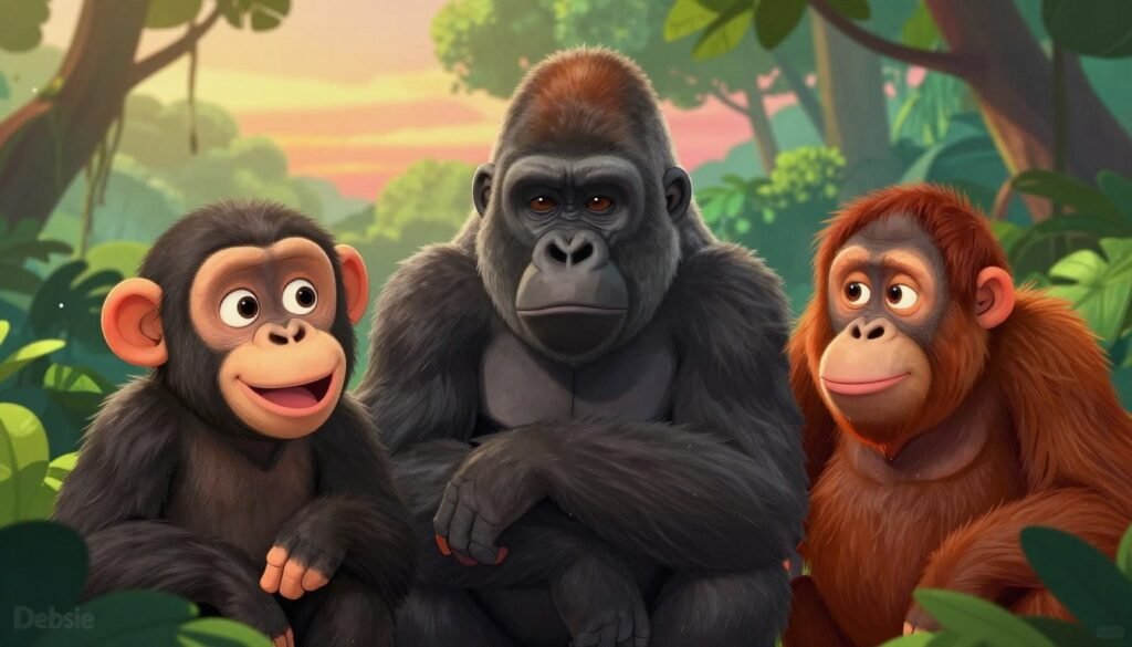 A vibrant scene showcasing the emotional depth of primates, focusing on three distinct species in the foreground: a joyful chimpanzee with bright eyes and a wide smile, a contemplative gorilla gazing peacefully with a furrowed brow, and an expressive orangutan displaying curiosity with raised eyebrows. In the middle ground, lush greens of a tropical forest create a serene backdrop, with sunlight filtering through the leaves, casting gentle shadows. The background features distant trees and hints of a vivid sunset, enhancing the warm atmosphere. The image should evoke a sense of connection and understanding, symbolizing the rich emotional lives of these animals. Use soft lighting to create a friendly mood, and employ a medium shot for an intimate perspective. Include the brand name "Debsie" subtly in the corner. A vibrant scene showcasing the emotional depth of primates, focusing on three distinct species in the foreground: a joyful chimpanzee with bright eyes and a wide smile, a contemplative gorilla gazing peacefully with a furrowed brow, and an expressive orangutan displaying curiosity with raised eyebrows. In the middle ground, lush greens of a tropical forest create a serene backdrop, with sunlight filtering through the leaves, casting gentle shadows. The background features distant trees and hints of a vivid sunset, enhancing the warm atmosphere. The image should evoke a sense of connection and understanding, symbolizing the rich emotional lives of these animals. Use soft lighting to create a friendly mood, and employ a medium shot for an intimate perspective. Include the brand name "Debsie" subtly in the corner.