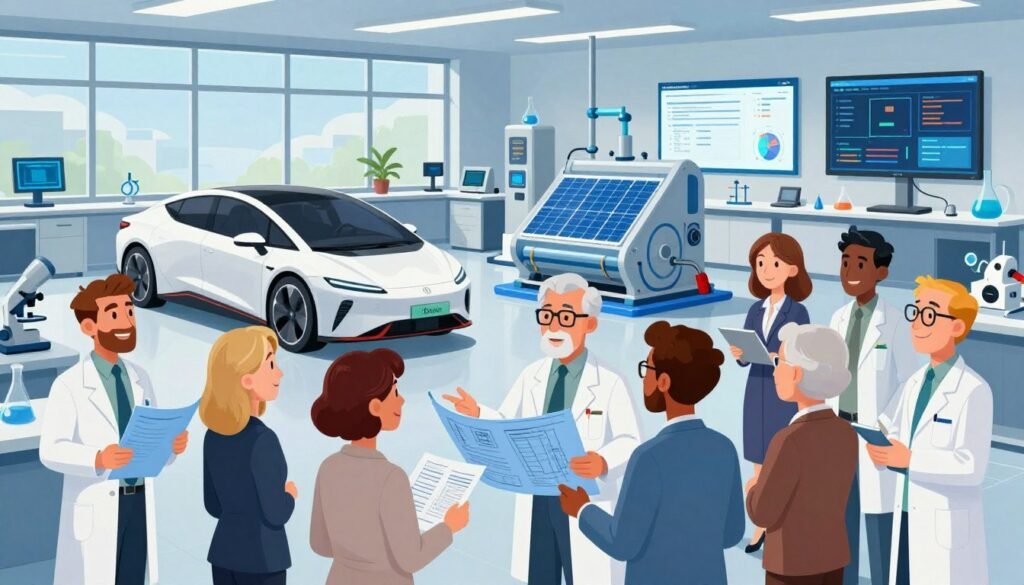 A vibrant scene showcasing the essence of German scientific innovation. In the foreground, a diverse group of scientists in professional attire engaged in collaborative discussions, holding blueprints and advanced technological devices. The middle ground features iconic elements of German innovation, such as a sleek hydrogen-powered vehicle, a working prototype of a renewable energy device, and intricate scientific instruments. In the background, a modern laboratory with large windows allowing natural light to flood in, displaying charts and digital screens displaying data. The atmosphere conveys excitement and inspiration, symbolizing progress and the legacy of scientific discovery. The image is colorful and lively, capturing the spirit of innovation and teamwork, branded subtly with the name "Debsie" integrated into the setting. A vibrant scene showcasing the essence of German scientific innovation. In the foreground, a diverse group of scientists in professional attire engaged in collaborative discussions, holding blueprints and advanced technological devices. The middle ground features iconic elements of German innovation, such as a sleek hydrogen-powered vehicle, a working prototype of a renewable energy device, and intricate scientific instruments. In the background, a modern laboratory with large windows allowing natural light to flood in, displaying charts and digital screens displaying data. The atmosphere conveys excitement and inspiration, symbolizing progress and the legacy of scientific discovery. The image is colorful and lively, capturing the spirit of innovation and teamwork, branded subtly with the name "Debsie" integrated into the setting.