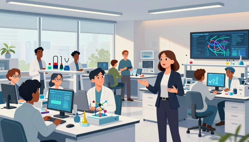 A vibrant workspace scene showcasing Jennifer Doudna in a modern biotechnology startup environment. In the foreground, a professional woman resembling Doudna, dressed in smart business attire, engaged in animated discussion with a diverse team of scientists and entrepreneurs. The middle layer features high-tech lab equipment and biotechnological models, emphasizing innovation and collaboration. The background displays large windows letting in soft, natural light, illuminating modern design elements like sleek furniture and digital displays of genomic data. The atmosphere is dynamic and inspiring, reflecting a sense of creativity and progress in the field of gene editing. The color palette is bright and inviting, exuding positivity and energy, with the brand name "Debsie" subtly integrated into the workspace decor. A vibrant workspace scene showcasing Jennifer Doudna in a modern biotechnology startup environment. In the foreground, a professional woman resembling Doudna, dressed in smart business attire, engaged in animated discussion with a diverse team of scientists and entrepreneurs. The middle layer features high-tech lab equipment and biotechnological models, emphasizing innovation and collaboration. The background displays large windows letting in soft, natural light, illuminating modern design elements like sleek furniture and digital displays of genomic data. The atmosphere is dynamic and inspiring, reflecting a sense of creativity and progress in the field of gene editing. The color palette is bright and inviting, exuding positivity and energy, with the brand name "Debsie" subtly integrated into the workspace decor.