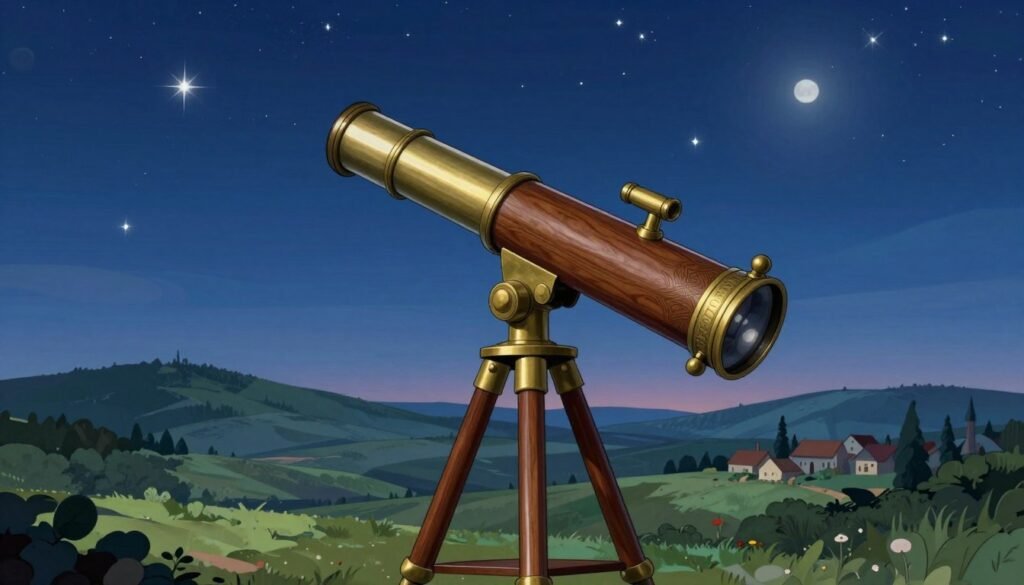 A vintage Galileo Galilei telescope, elegantly crafted from polished wood and brass, stands prominently in the foreground, detailed with intricate engravings. The telescope is angled towards a stunning night sky filled with bright stars and distant celestial bodies. In the middle ground, a lush landscape of rolling hills and a silhouette of a quaint village under the moonlight adds depth to the scene. The background showcases a clear, expansive sky transitioning from twilight to night. Soft, ethereal lighting enhances the mood of wonder and discovery, reflecting the spirit of scientific inquiry. The atmosphere is peaceful and inspirational, inviting viewers to gaze into the universe. The image is colorful, friendly, and minimal, capturing the essence of Galileo's contributions to modern astronomy. Debsie.