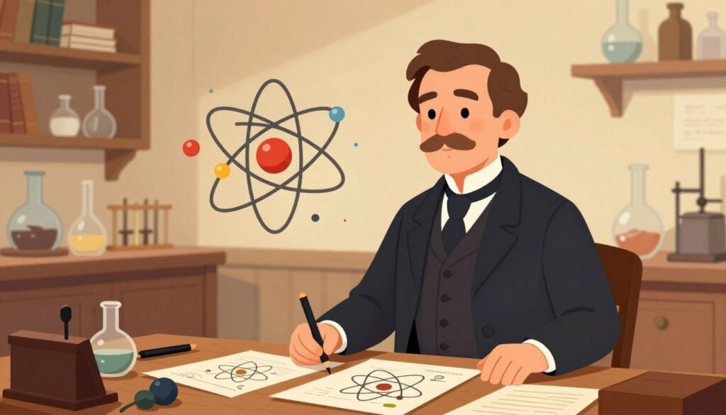 A vintage-inspired illustration representing John Dalton's atomic theory. In the foreground, a well-dressed John Dalton, depicted in early 19th-century attire, stands confidently at a wooden desk, surrounded by papers and sketches of atomic structures. In the middle ground, colorful depictions of atoms and molecules float, highlighting Dalton's groundbreaking ideas. The background features a softly lit laboratory with shelves of scientific books and glassware, casting a warm, inviting glow. The scene captures a sense of discovery and intellectual rigor, with gentle, diffused lighting emphasizing the historical ambiance. The overall mood is inspirational and educational, showcasing the essence of scientific innovation. This image is created in a colorful, friendly, and minimal style branded with "Debsie". A vintage-inspired illustration representing John Dalton's atomic theory. In the foreground, a well-dressed John Dalton, depicted in early 19th-century attire, stands confidently at a wooden desk, surrounded by papers and sketches of atomic structures. In the middle ground, colorful depictions of atoms and molecules float, highlighting Dalton's groundbreaking ideas. The background features a softly lit laboratory with shelves of scientific books and glassware, casting a warm, inviting glow. The scene captures a sense of discovery and intellectual rigor, with gentle, diffused lighting emphasizing the historical ambiance. The overall mood is inspirational and educational, showcasing the essence of scientific innovation. This image is created in a colorful, friendly, and minimal style branded with "Debsie".