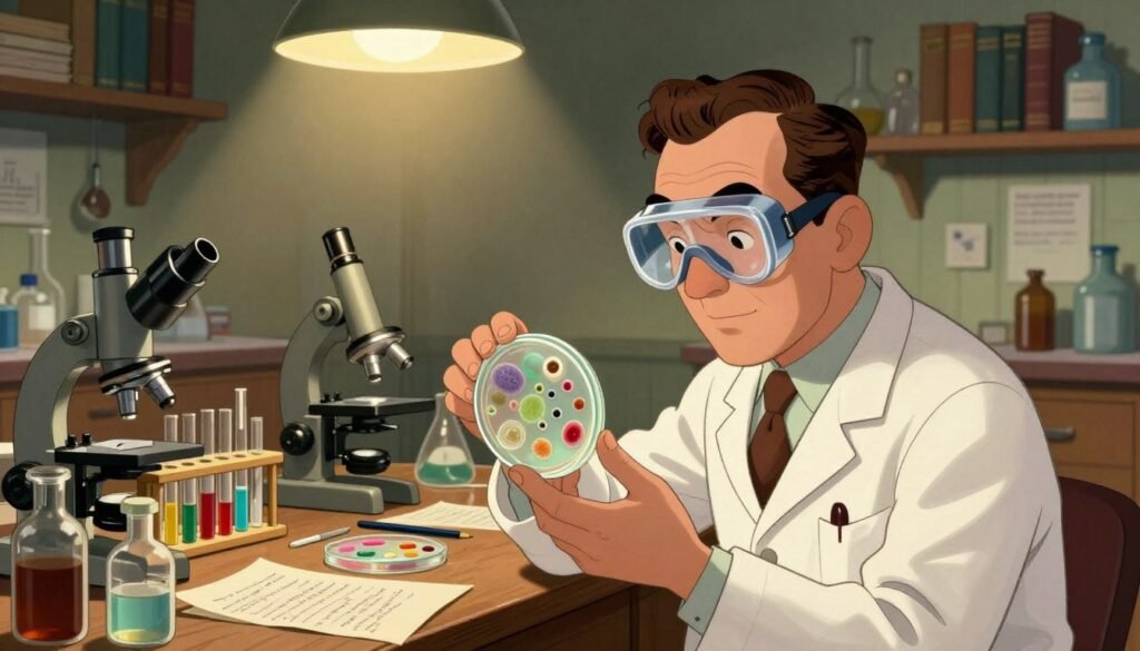 A vintage laboratory scene depicting the groundbreaking discovery of antibiotics. In the foreground, a focused scientist in a white lab coat, wearing protective goggles, carefully examines a Petri dish filled with bacterial cultures and antibiotic samples. In the middle ground, a wooden workbench cluttered with glass vials, microscopes, and handwritten notes, illuminated by warm, diffused overhead lighting. The background features shelves filled with books and medical paraphernalia, conveying a sense of history in medical research. The atmosphere is bustling yet focused, capturing the excitement of scientific breakthroughs. The color palette is rich but harmonious, with earthy tones and splashes of color from the various samples. Design by Debsie.