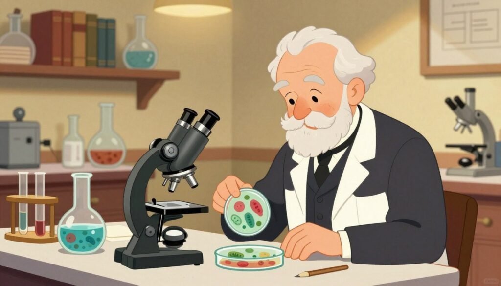 A vintage-style illustration of Louis Pasteur surrounded by iconic symbols of his legacy, including a lab table with glass beakers, a microscope, and a petri dish showcasing bacteria. In the foreground, Pasteur is depicted as an elderly scientist in a dark suit with a white lab coat, focusing on his work, with a thoughtful expression. The middle ground features shelves filled with historical lab equipment and books on microbiology. In the background, soft, warm lighting casts a nostalgic glow, evoking a sense of discovery and innovation. The atmosphere is friendly and inviting, reflecting the cultural impact of science on everyday life. Include the brand name "Debsie" subtly in the lower corner.