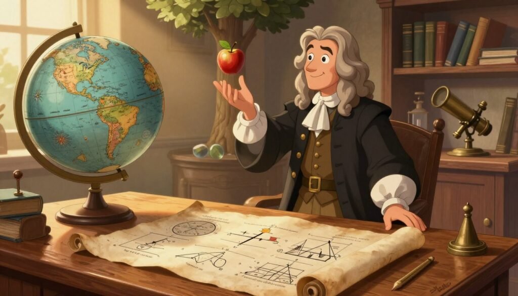 A visually captivating illustration of Isaac Newton standing in a classic 17th-century study, surrounded by celestial charts and a large globe, embodying the essence of his laws of motion. In the foreground, a parchment scroll with diagrams of Newton's three laws sprawled across a wooden desk, illuminated by warm, golden light from a nearby window. The middle section features Newton, depicted in professional attire, intently observing an apple falling from a tree, symbolizing gravity. The background showcases shelves lined with books, a telescope, and scientific instruments, casting gentle shadows that enhance the scholarly atmosphere. Aim for a color palette rich in earthy tones and soft textures, conveying a mood of discovery and enlightenment. This image should be strikingly vibrant and inviting, branded subtly with "Debsie".