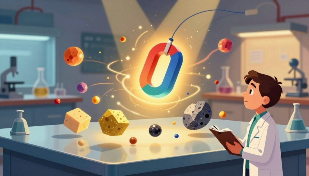 A visually captivating illustration of diamagnetism depicting a central object, a glowing magnet suspended in the air, surrounded by swirling particles that represent opposing magnetic forces. In the foreground, a scientist in professional attire observes the phenomenon with curiosity, holding a notepad. The middle layer features a dynamic arrangement of various materials like bismuth and graphite, levitating slightly above a sleek, reflective surface. The background showcases a softly illuminated laboratory filled with scientific instruments, emphasizing a sense of discovery and innovation. Use warm, vibrant colors to create an inviting atmosphere, with beams of light highlighting the magnetic interactions. The scene should convey a mood of wonder and inspiration, reminiscent of Faraday’s groundbreaking discoveries. Created by Debsie.