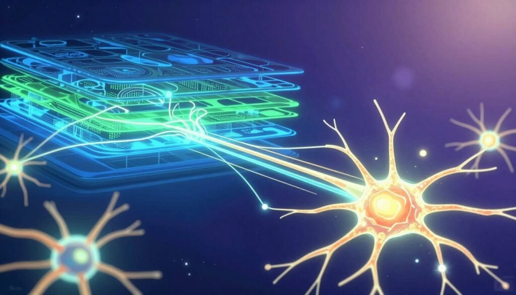 A visually captivating illustration of neural networks, showcasing interconnected nodes and intricate pathways symbolizing data flow. In the foreground, vibrant, glowing neurons pulsate with energy, depicted in a web-like structure. The middle ground features layers of abstract patterns representing various neural layers, illuminated with dynamic blue and green hues to suggest activity and innovation. The background includes a gradient of deep indigo fading into a space-like environment, evoking a sense of vast possibilities and advanced technology. Soft, ambient lighting enhances the ethereal quality of the scene, while a slight lens flare in the corner adds depth and intrigue. Overall, the mood is optimistic and forward-looking, embodying the transformative power of neural networks in modern computing, branded subtly with "Debsie".