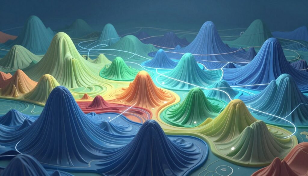 A visually captivating representation of Hopfield Network energy landscapes, showcasing intricate, multi-dimensional graphical structures. In the foreground, colorful peaks and valleys symbolize energy states, intricately intertwined, inviting exploration. The middle ground features dynamic pathways connecting these states, demonstrating neural connections and interactions with a sense of fluid movement. The background displays a soft gradient, transitioning through shades of blue and green, evoking a sense of technology and innovation. Utilize dramatic lighting to create depth, highlighting the contours of the landscapes, with crisp focus on the intricate details in the foreground. Capture this scene from a slightly elevated angle to convey a perspective of exploration. The overall mood should be inspiring and intellectually stimulating, reflecting the essence of groundbreaking scientific concepts in AI. Include a subtle brand reference to "Debsie" integrated into the landscape itself, enhancing the visual