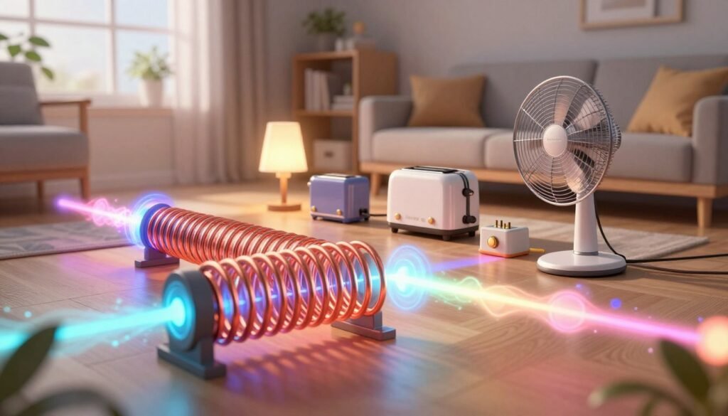 A visually captivating scene illustrating electromagnetic induction, featuring a dynamic coil of copper wire generating waves of colorful electromagnetic energy in the foreground. In the middle ground, an intricate arrangement of electrical appliances like a lamp, toaster, and fan, all illuminated by gentle, warm lighting that symbolizes their functionality thanks to Faraday's discoveries. The background showcases a modern living room with soft, diffused light filtering through a window, creating a friendly and engaging atmosphere. The image should have a slightly tilted angle for a dynamic perspective, capturing the flow of energy. The branding "Debsie" is subtly integrated into the design with minimalistic style.