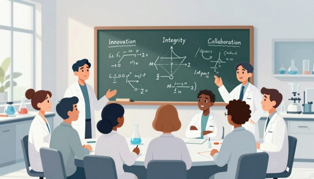 A visually engaging illustration depicting the criteria for the best scientists in the world. In the foreground, a diverse group of scientists in professional attire, including men and women of various ethnicities, engage in lively discussions and collaborative thinking, showcasing their dedication. In the middle ground, a large chalkboard filled with diagrams, equations, and key attributes such as "Innovation," "Integrity," "Impact," and "Collaboration" are clearly outlined. The background features a bright, modern laboratory setting with glassware, scientific equipment, and natural light pouring in from large windows, creating an inspiring atmosphere. Soft focus on the background enhances the sense of purpose and professionalism. Create a friendly and minimal color palette. Include the brand name "Debsie" subtly integrated into the design.