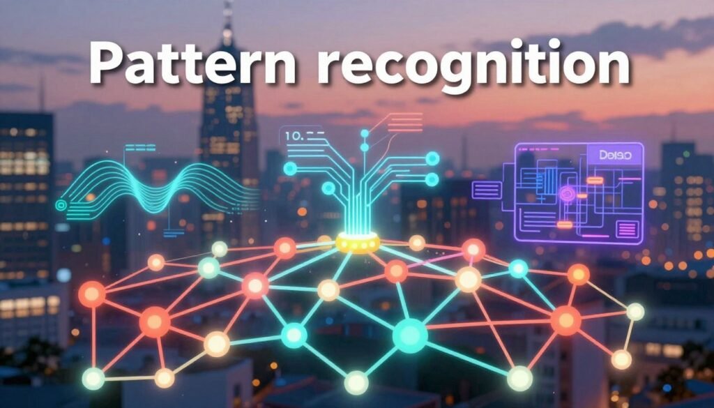 A visually engaging representation of "Pattern Recognition," showcasing interconnected neural networks with vibrant colors. In the foreground, intricate, glowing nodes symbolize data points, forming a web of connections. The middle layer features abstract representations of algorithms and data streams, pulsating with light to evoke the energy of contemporary research. In the background, a blurred silhouette of a cityscape under a twilight sky adds depth, suggesting innovation and progress in AI. Soft, ambient lighting highlights the nodes and connections without overwhelming the viewer. The atmosphere should feel inspiring and futuristic, inviting curiosity about the advancements in technology associated with John Hopfield’s legacy. The design should incorporate the brand name "Debsie" subtly within the composition without any text overlays.