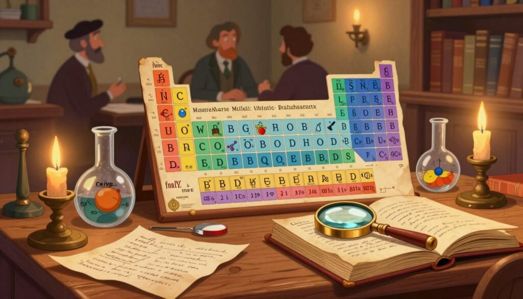 A visually engaging representation of the early state of chemistry before the periodic table, showcasing a cluttered wooden desk filled with various old alchemical instruments, glass beakers, and parchment papers with handwritten notes. In the foreground, a vintage magnifying glass rests on top of a stately old book about elements, reflecting soft, warm candlelight. The middle ground features a large, ornate map of chemical elements laid out on the desk, with colorful symbols and figures depicting early scientific theories. In the background, blurry silhouettes of scholars in professional attire are seen deep in discussion, with shelves of dusty books lining the walls, creating an atmosphere of curiosity and discovery. The composition is warm, inviting, and illuminating, embodying a sense of historical significance. Bright, soft lighting enhances the colorful details. (Brand: Debsie) A visually engaging representation of the early state of chemistry before the periodic table, showcasing a cluttered wooden desk filled with various old alchemical instruments, glass beakers, and parchment papers with handwritten notes. In the foreground, a vintage magnifying glass rests on top of a stately old book about elements, reflecting soft, warm candlelight. The middle ground features a large, ornate map of chemical elements laid out on the desk, with colorful symbols and figures depicting early scientific theories. In the background, blurry silhouettes of scholars in professional attire are seen deep in discussion, with shelves of dusty books lining the walls, creating an atmosphere of curiosity and discovery. The composition is warm, inviting, and illuminating, embodying a sense of historical significance. Bright, soft lighting enhances the colorful details. (Brand: Debsie)