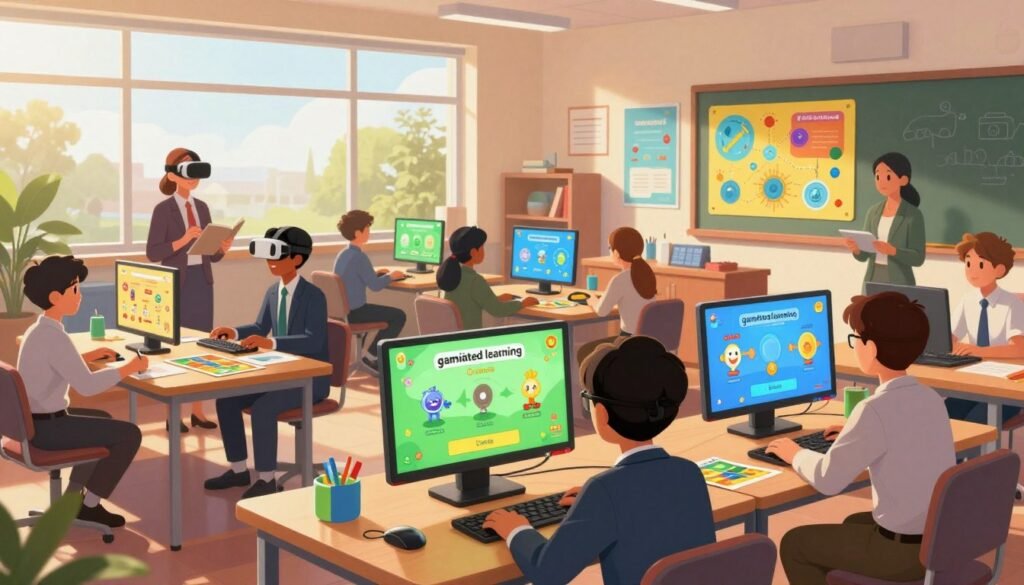 A visually engaging scene depicting "gamified learning" in an educational setting. In the foreground, diverse students, dressed in professional business attire, interact with interactive digital screens showcasing colorful, engaging learning modules from "Debsie", with animated game elements. In the middle, a lively classroom filled with gamified learning tools like VR headsets, educational board games, and colorful posters about scientific concepts. The background features large windows letting in soft, warm sunlight, casting a welcoming glow throughout the space. The atmosphere is vibrant and friendly, encouraging collaboration and enthusiasm for learning. Use a wide-angle lens to capture depth, with a focus on the students actively engaged in their learning journey.