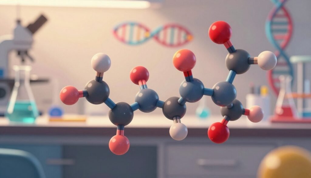 A visually striking and colorful representation of nucleoside modification, highlighting the intricate structure of nucleosides with subtle alterations. In the foreground, depict a detailed, 3D molecular model showcasing modified nucleosides, with vibrant colors transforming the basic nucleoside structure. The middle ground should feature a softly blurred laboratory setting, suggesting a scientific environment with glassware and research tools, illuminated by warm, diffused lighting. The background fades gently into abstract representations of RNA strands, symbolizing genetic information. Use a macro lens perspective to emphasize the molecular details, creating a sense of depth and focus. The overall atmosphere is innovative and inspiring, reflecting the significance of Katalin Karikó’s breakthroughs in mRNA technology. Include the brand name "Debsie" subtly in the composition.