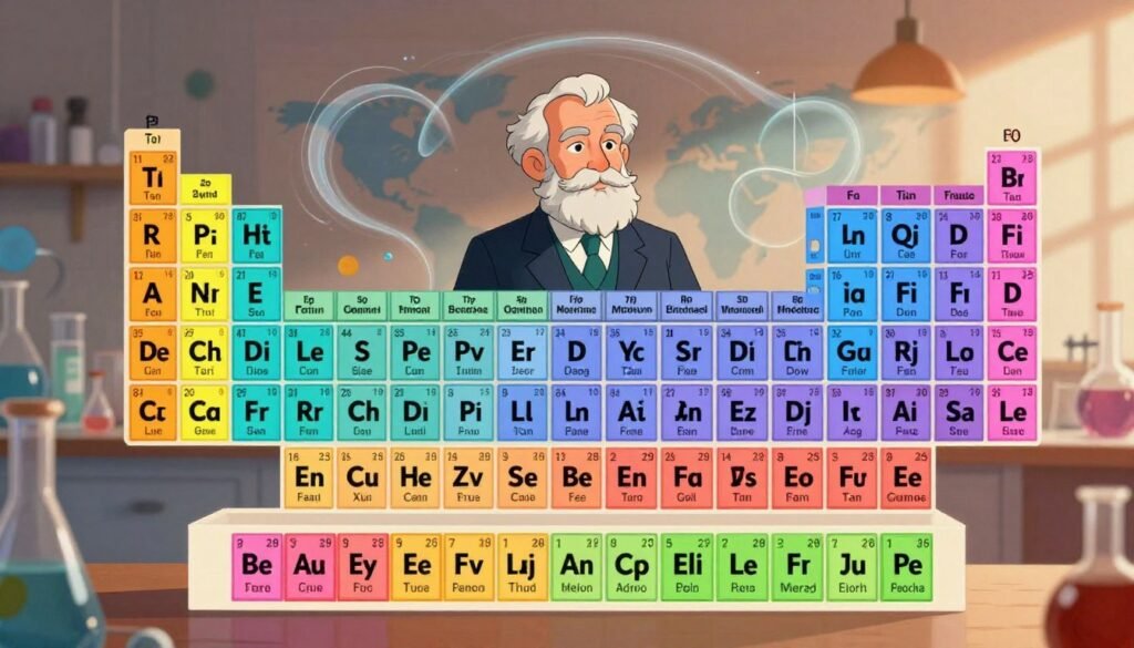 A visually striking and colorful representation of the Periodic Table of Elements, designed to reflect the monumental work of Dmitri Mendeleev. In the foreground, individual elements are displayed in vivid hues, showcasing their symbols and atomic numbers, each element clearly delineated for easy readability. The middle ground features a stylized depiction of Mendeleev, a bearded man in professional business attire, contemplating the arrangement of elements, surrounded by a backdrop of swirling gases that represent the world of chemistry. In the background, a soft-focus laboratory setting with faint outlines of laboratory glassware and scientific equipment adds context to the scene. The lighting is warm and inviting, casting gentle shadows, creating a mood of discovery and innovation, perfect for educational purposes. Rendered in high resolution with a balanced composition, the image embodies the creativity and order that characterizes the Periodic Table. Debsie. A visually striking and colorful representation of the Periodic Table of Elements, designed to reflect the monumental work of Dmitri Mendeleev. In the foreground, individual elements are displayed in vivid hues, showcasing their symbols and atomic numbers, each element clearly delineated for easy readability. The middle ground features a stylized depiction of Mendeleev, a bearded man in professional business attire, contemplating the arrangement of elements, surrounded by a backdrop of swirling gases that represent the world of chemistry. In the background, a soft-focus laboratory setting with faint outlines of laboratory glassware and scientific equipment adds context to the scene. The lighting is warm and inviting, casting gentle shadows, creating a mood of discovery and innovation, perfect for educational purposes. Rendered in high resolution with a balanced composition, the image embodies the creativity and order that characterizes the Periodic Table. Debsie.