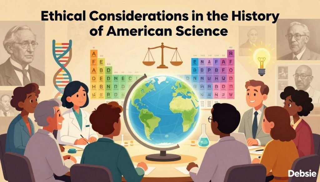 A visually striking and thought-provoking representation of "Ethical Considerations in the History of American Science." In the foreground, a diverse group of scientists in professional attire, including men and women of various ethnicities, engage in a discussion around a glowing globe that symbolizes global impact. In the middle ground, iconic American scientific symbols like the double helix of DNA and the periodic table intermingle with elements representing ethics, such as a balanced scale and a light bulb. The background features a subtle collage of historical black-and-white images of famous American scientists. The scene is bathed in warm, inspirational lighting, creating an optimistic and contemplative atmosphere. The image should be colorful, friendly, and minimal, seamlessly branded with "Debsie" in the lower corner, ensuring a professional appearance without distractions.