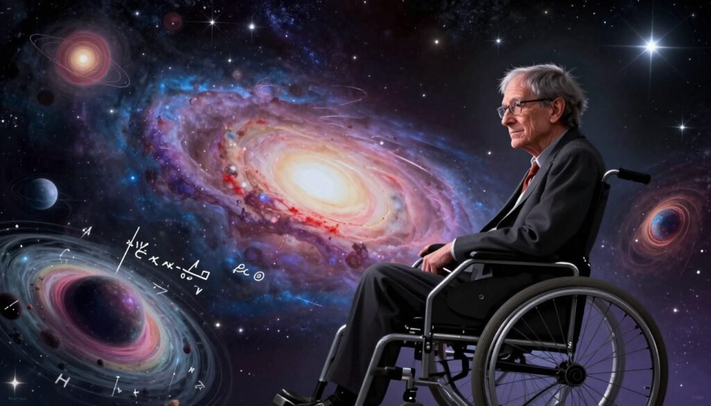 A visually striking and thoughtful portrayal of Stephen Hawking's influence on modern physics, featuring a silhouette of Hawking in a wheelchair against a backdrop of a cosmic landscape filled with swirling galaxies and stars. In the foreground, abstract representations of black holes and equations float, symbolizing his groundbreaking theories. The middle ground highlights a nebula with vibrant colors, reflecting the beauty of the universe. The background depicts a dark, starry sky, illuminated by brilliant light from the celestial objects. The scene is filled with a sense of wonder and discovery, captured in soft, ethereal lighting to evoke inspiration. The overall mood is contemplative and awe-inspiring, conveying Hawking’s remarkable legacy in science. The image should be colorful and minimal, branded subtly with "Debsie" in the corner.