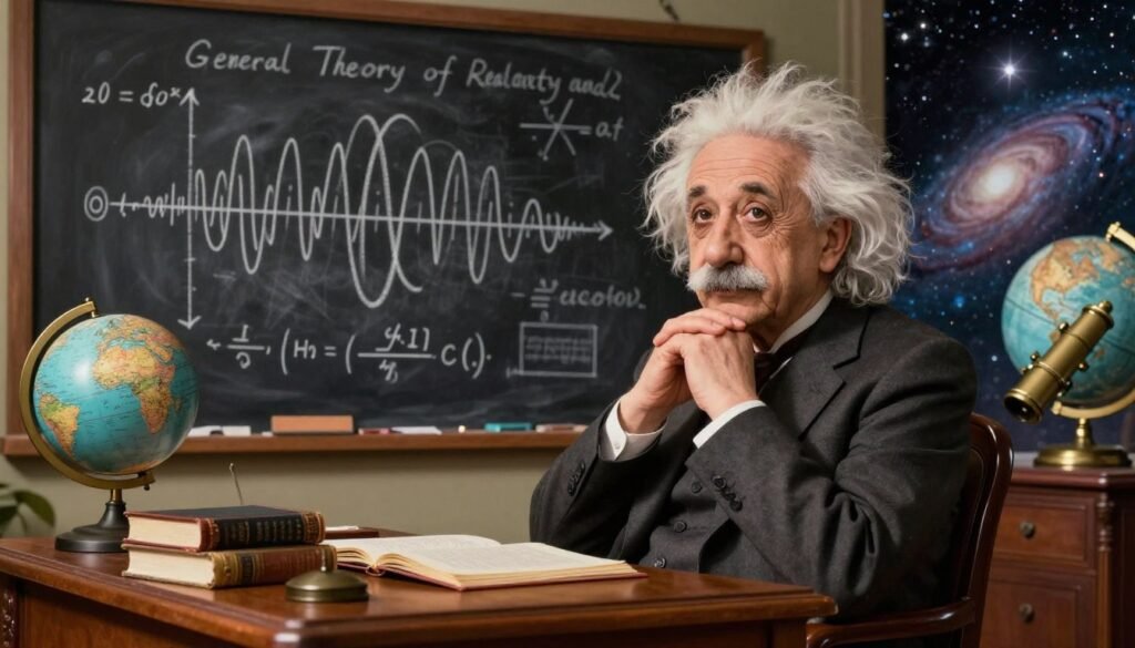 A visually striking depiction of Albert Einstein in a scholarly environment, immersed in his renowned theories of the General Theory of Relativity and Gravity. The foreground features a thoughtful Einstein, clad in a professional suit, surrounded by chalkboard equations and diagrams illustrating gravitational waves and the curvature of space-time. In the middle ground, an ornate wooden desk holds scientific journals, a globe, and a vintage telescope, symbolizing exploration and discovery. The background reveals a cosmic scene, with swirling galaxies and stars, representing the vastness of the universe. Dramatic, warm lighting highlights Einstein’s contemplative expression while casting soft shadows, creating an inspiring, intellectual atmosphere. The overall image reflects a balance of color and clarity, embodying the scholarly essence of Einstein’s legacy. Debsie. A visually striking depiction of Albert Einstein in a scholarly environment, immersed in his renowned theories of the General Theory of Relativity and Gravity. The foreground features a thoughtful Einstein, clad in a professional suit, surrounded by chalkboard equations and diagrams illustrating gravitational waves and the curvature of space-time. In the middle ground, an ornate wooden desk holds scientific journals, a globe, and a vintage telescope, symbolizing exploration and discovery. The background reveals a cosmic scene, with swirling galaxies and stars, representing the vastness of the universe. Dramatic, warm lighting highlights Einstein’s contemplative expression while casting soft shadows, creating an inspiring, intellectual atmosphere. The overall image reflects a balance of color and clarity, embodying the scholarly essence of Einstein’s legacy. Debsie.