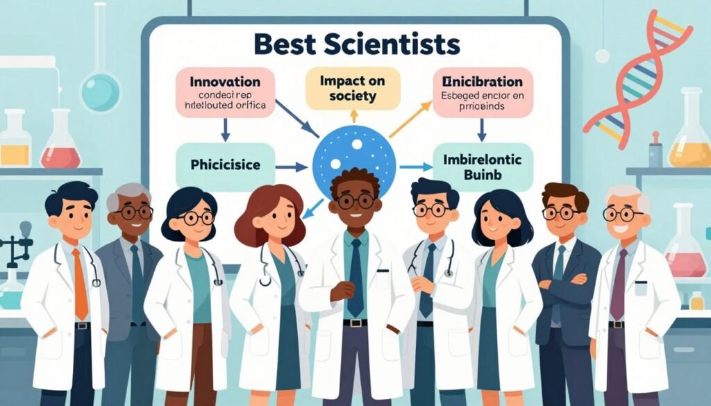 A visually striking illustration depicting the criteria for the best scientists. In the foreground, a diverse group of scientists in professional business attire stands together, each representing various fields such as physics, biology, chemistry, and mathematics. In the middle ground, a large diagram or mind map highlights key criteria like innovation, impact on society, collaboration, and ethical considerations. The background features an abstract representation of a laboratory, with colorful elements like beakers and DNA strands, symbolizing scientific discovery. The lighting is bright and uplifting, giving an impression of hope and inspiration. The overall atmosphere is welcoming and friendly, showcasing the importance of collaboration and progress in the scientific community. Brand name: Debsie.