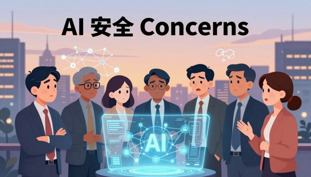 A visually striking illustration depicting the theme of "AI safety concerns." In the foreground, a group of diverse professionals in business attire are engaged in an animated discussion around a holographic display projecting networks of interconnected AI systems. Their expressions are a mix of curiosity and concern, reflecting the ethical dilemmas associated with advanced technology. The middle ground features abstract representations of neural networks and digital interfaces, subtly glowing to emphasize complexity. In the background, a city skyline bathed in soft twilight, symbolizing the future, with warm lighting to create an inviting atmosphere. The overall mood is thoughtful yet hopeful, highlighting the balance between innovation and ethical responsibility. The image should carry a sense of urgency and importance regarding AI safety, while maintaining a colorful, friendly, and minimal aesthetic. Branding visible as "Debsie."