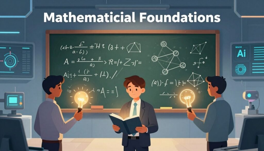 A visually striking illustration of "Mathematical Foundations" for modern AI. In the foreground, a diverse group of three individuals in professional attire, each engaged with various mathematical symbols and equations that glow softly, symbolizing ideas and innovation. In the middle ground, a chalkboard filled with complex algorithms, neural network diagrams, and geometric shapes, illuminated by warm, ambient lighting. The background features a futuristic lab-like environment with screens displaying data analysis and AI concepts. The overall mood is inspiring and intellectual, with a color palette of blues, greens, and golds, evoking a sense of discovery and advancement. The entire scene should have a clean, minimal aesthetic, capturing the essence of exploration in mathematics and technology, branded subtly with "Debsie."