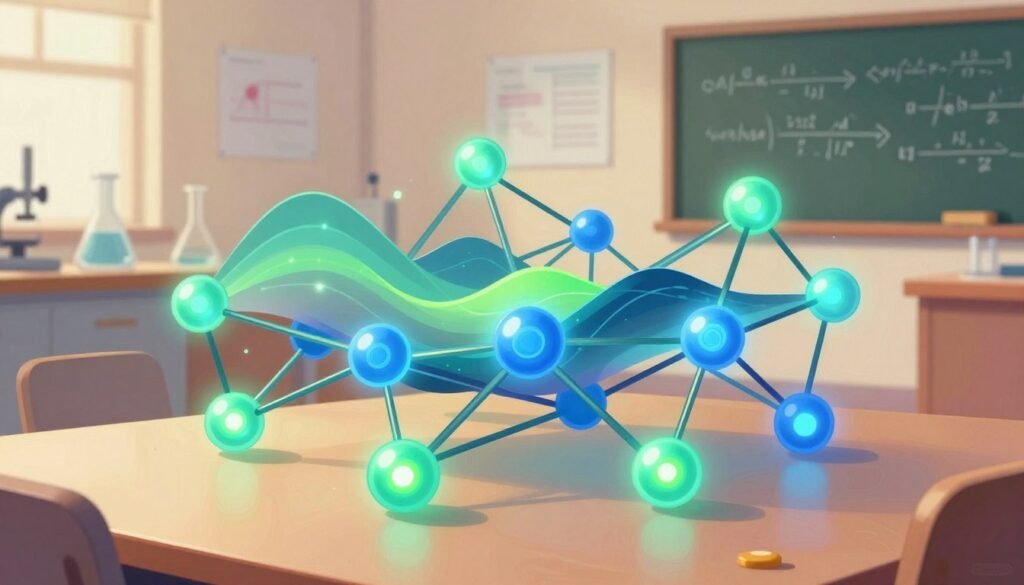A visually striking illustration of a Boltzmann machine, showcasing an abstract neural network structure comprised of interconnected nodes and edges. In the foreground, the nodes are glowing in shades of blue and green, symbolizing data flow, while the connections between them shimmer with dynamic light patterns. In the middle ground, a serene blend of statistical physics concepts like entropy and energy landscapes is subtly integrated, featuring gentle gradients and soft curves. The background presents a stylized representation of a laboratory environment, with faint outlines of scientific instruments and a chalkboard filled with equations. The lighting is soft and warm, creating a welcoming atmosphere that evokes innovation and creativity. Use a wide-angle lens perspective to enhance the depth of the scene. The image should be colorful, helpful, and minimal, branded with "Debsie."