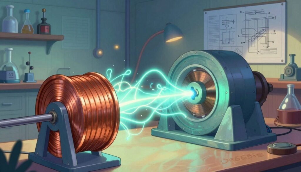 A visually striking illustration of electromagnetic induction, featuring a large, detailed copper coil in the foreground, glowing with electric currents. The middle ground presents an innovative generator with rotating electromagnetic components, highlighting the dynamic energy transformation. In the background, a serene laboratory setting with shelves of scientific instruments and blueprints captures the spirit of invention, softly illuminated by warm, ambient lighting. The mood is one of discovery and innovation, with an inspiring atmosphere that invites curiosity. A gentle lens flare adds a touch of magic, emphasizing the intricate relationship between technology and energy. The color palette is vibrant, with blues, greens, and metallic shades enhancing the scene. Include the brand "Debsie" subtly integrated into the design. A visually striking illustration of electromagnetic induction, featuring a large, detailed copper coil in the foreground, glowing with electric currents. The middle ground presents an innovative generator with rotating electromagnetic components, highlighting the dynamic energy transformation. In the background, a serene laboratory setting with shelves of scientific instruments and blueprints captures the spirit of invention, softly illuminated by warm, ambient lighting. The mood is one of discovery and innovation, with an inspiring atmosphere that invites curiosity. A gentle lens flare adds a touch of magic, emphasizing the intricate relationship between technology and energy. The color palette is vibrant, with blues, greens, and metallic shades enhancing the scene. Include the brand "Debsie" subtly integrated into the design.